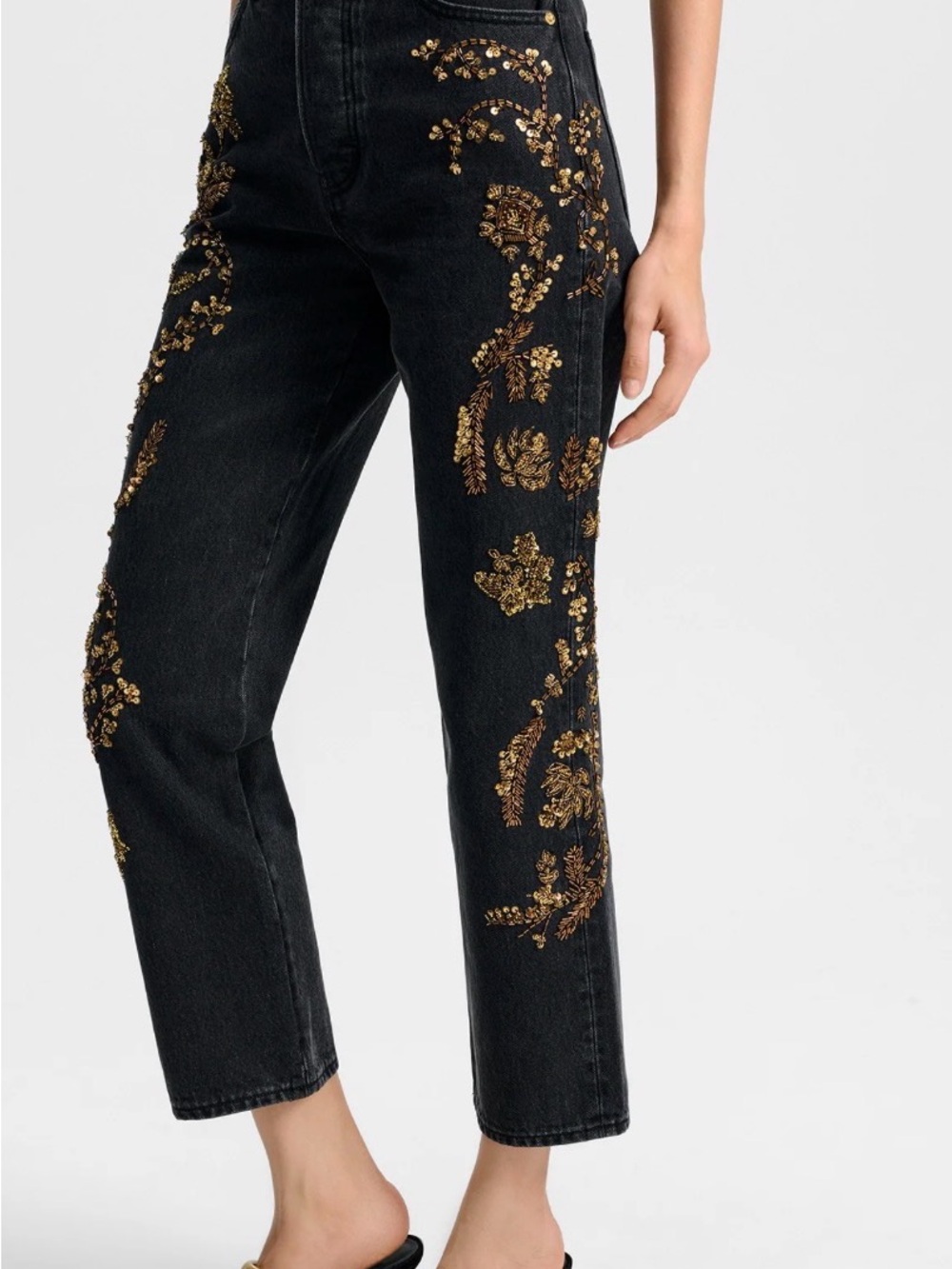 Veronica Beard Black Cropped Jeans with Gold Floral Embroidery